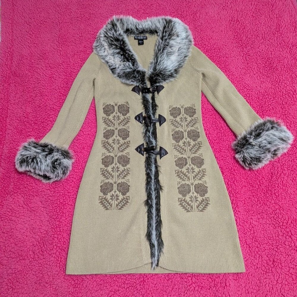 Tan Bebe faux fur trim sweater